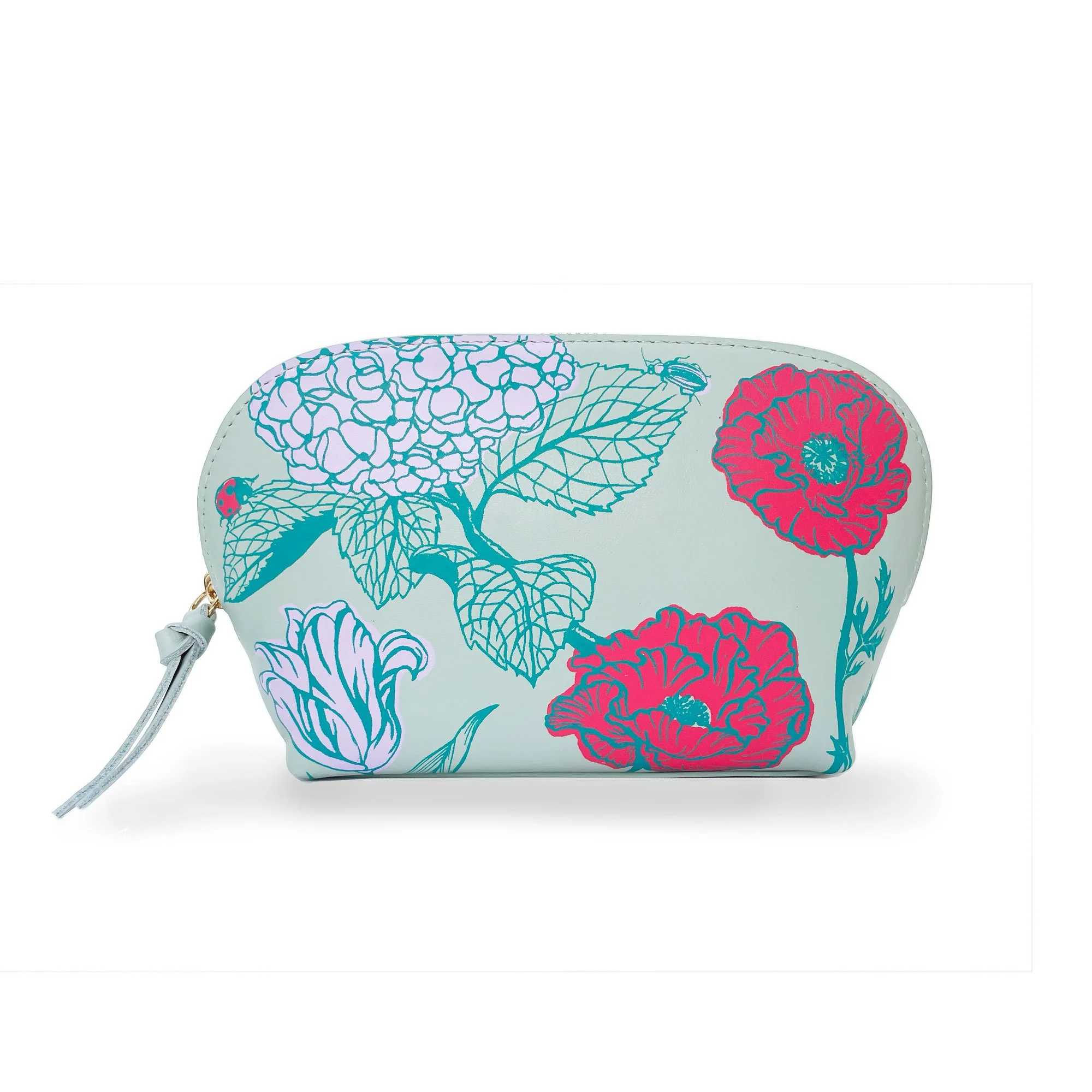 Garden Party Teal Leather Cosmetics Pouch, Make up bag, Travel pouch, summer flowers, hydrangea, insects, poppy, tulips, ladybug, dragonfly, butterfly