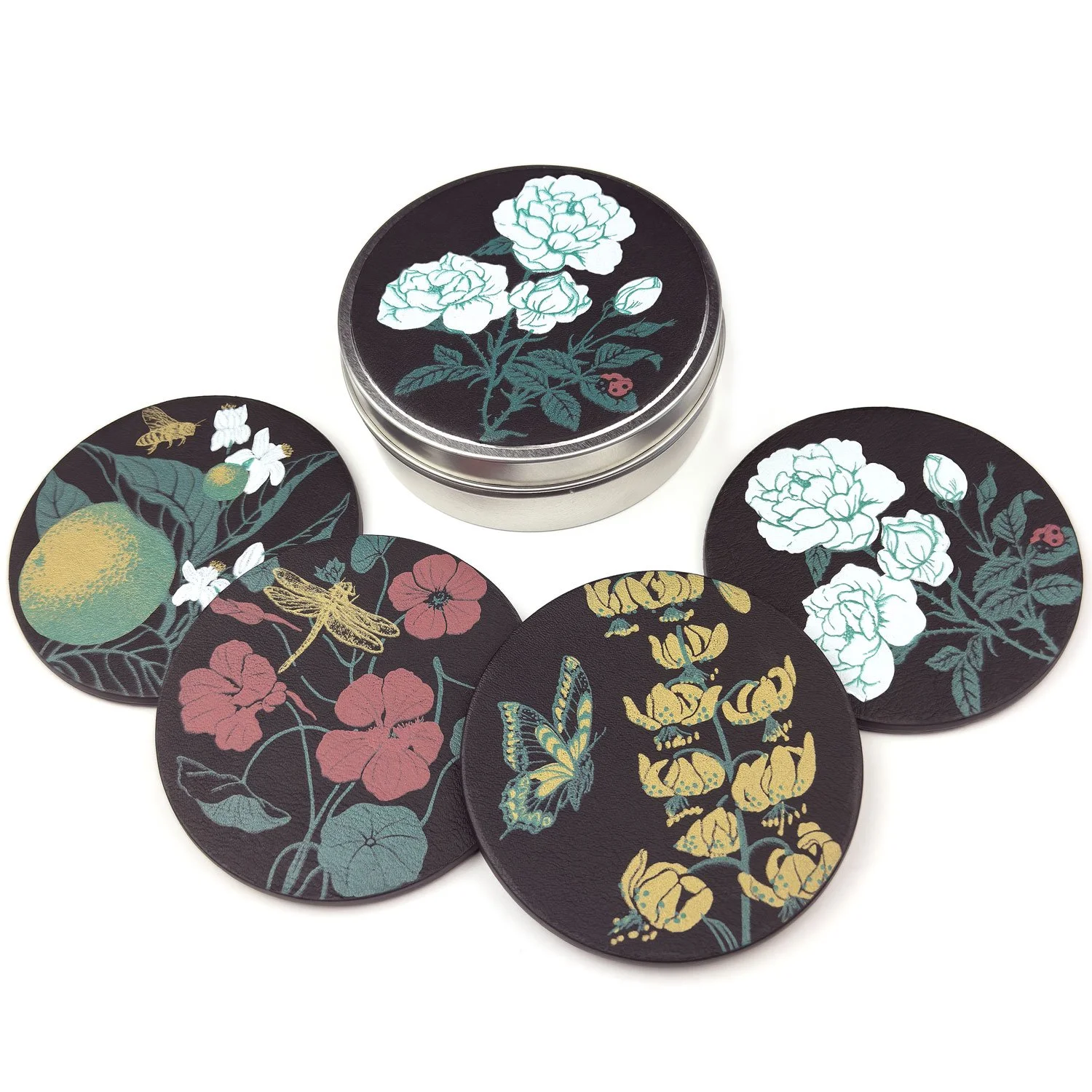 Midnight Garden Botanical Black Leather Coasters gift set flowers insects gifts for gardeners