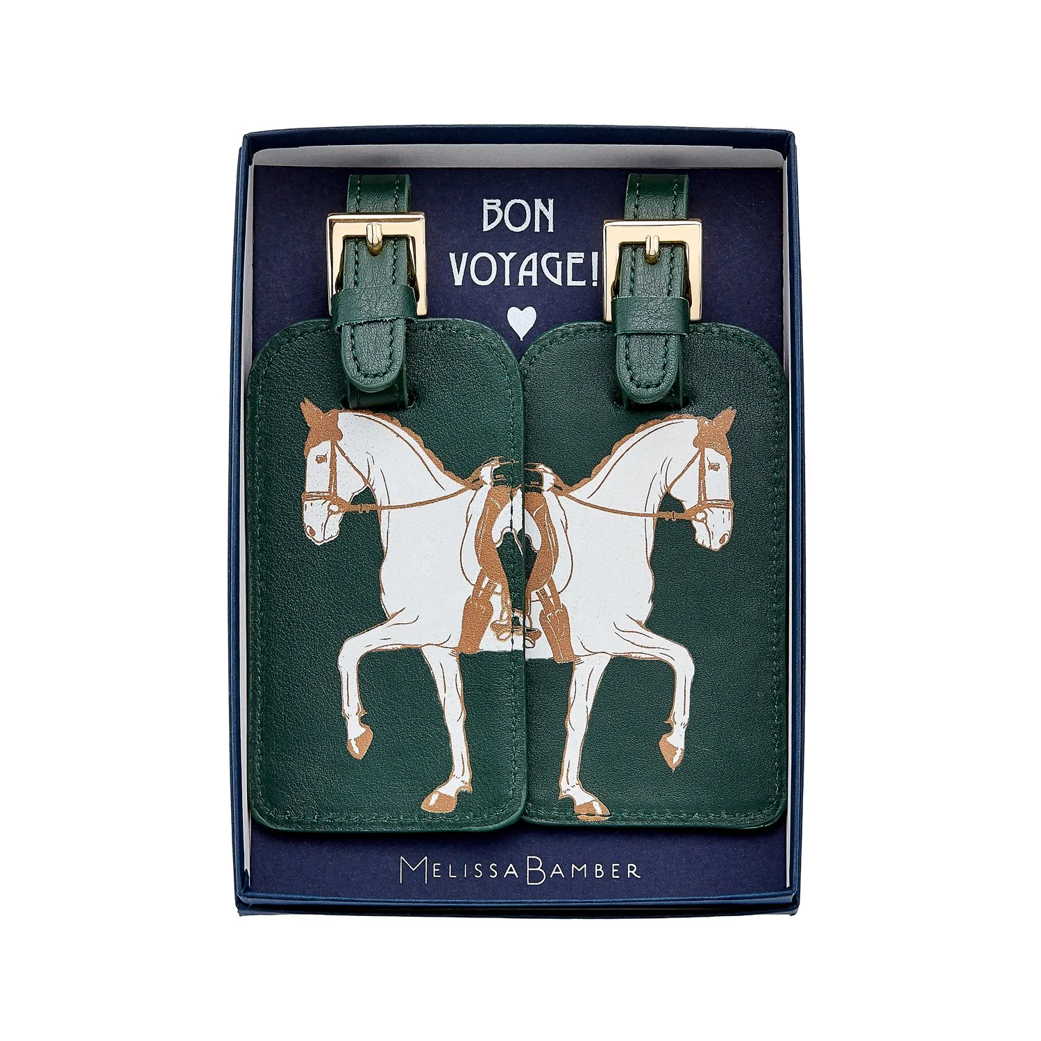 Equestrian Green Leather Luggage tags, Boxed Gift Set