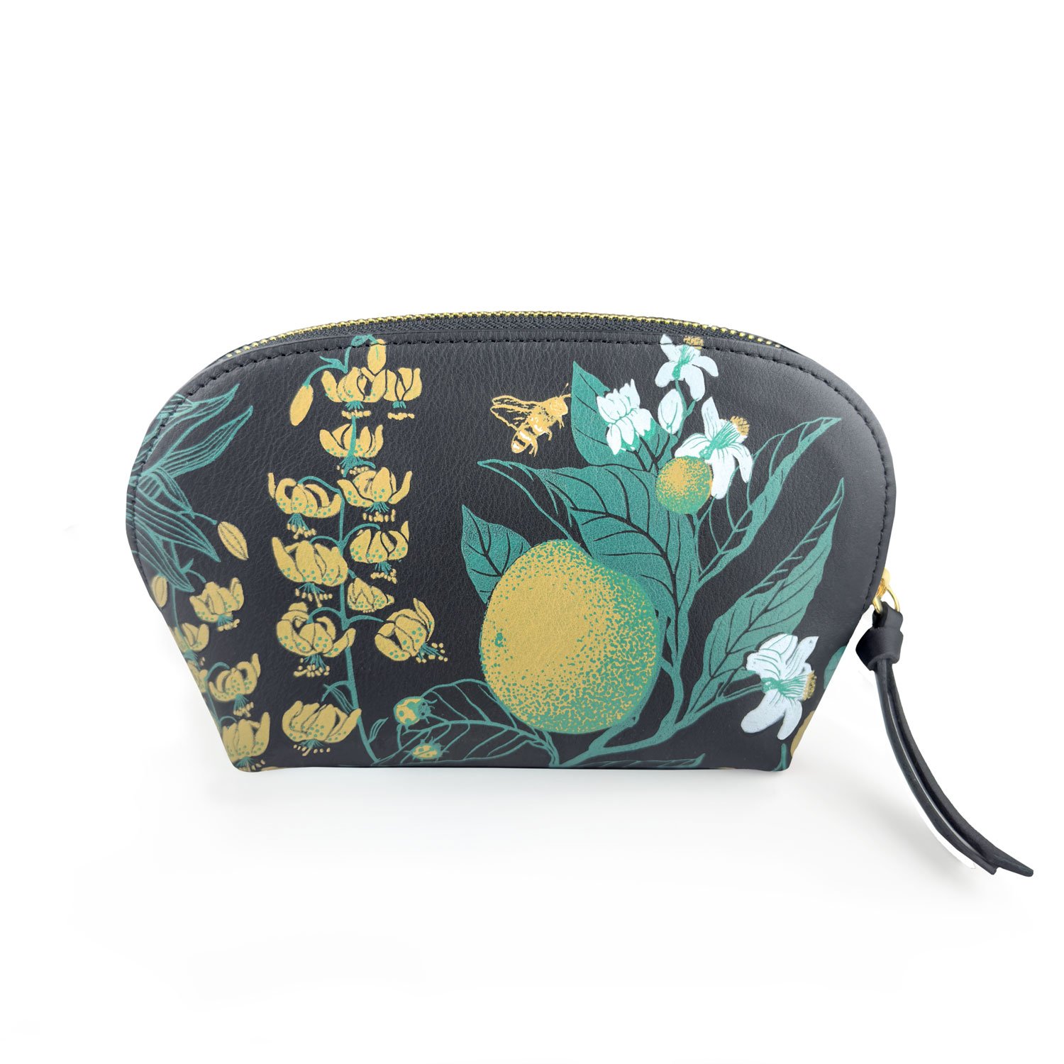 Midnight Garden, Botanical design, Black leather cosmetics pouch, make up bag, travel gift, flowers, gardenia, neroli butterfly bee