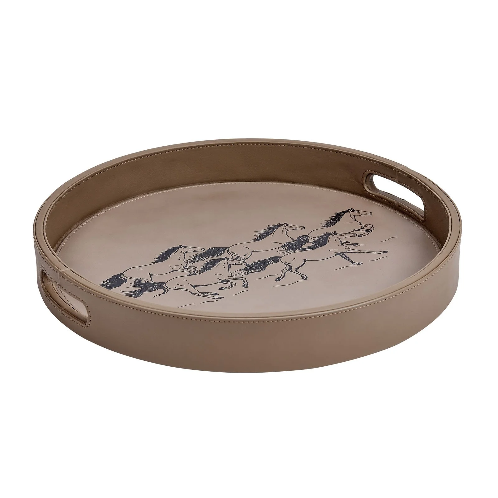 Taupe Leather Round Bar Tray Running Horses Entertaining Barware Serving tray Taupe tan black