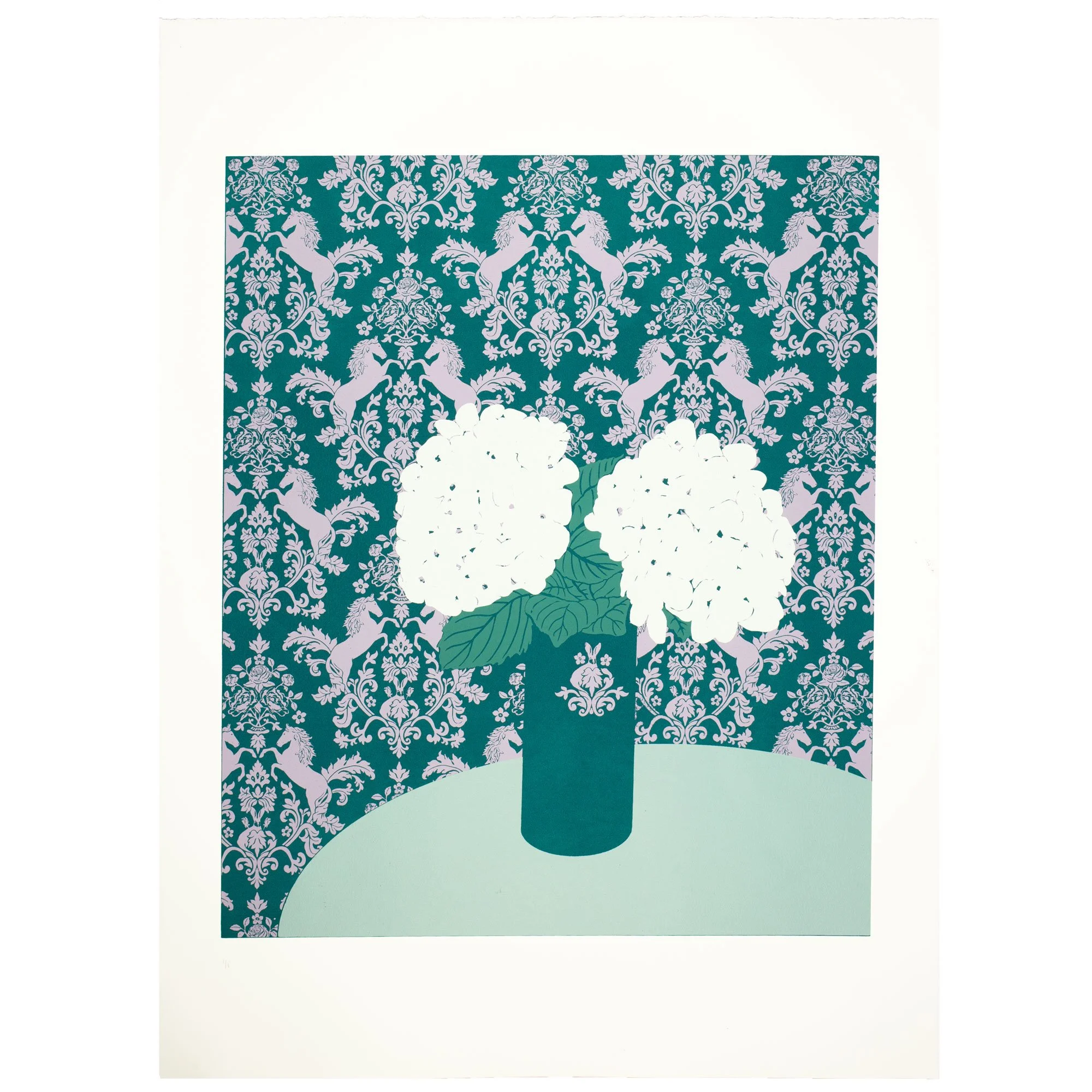 Horse and hare wallpaper, hydrangea, art print, green mauve and white, wall art, framed print