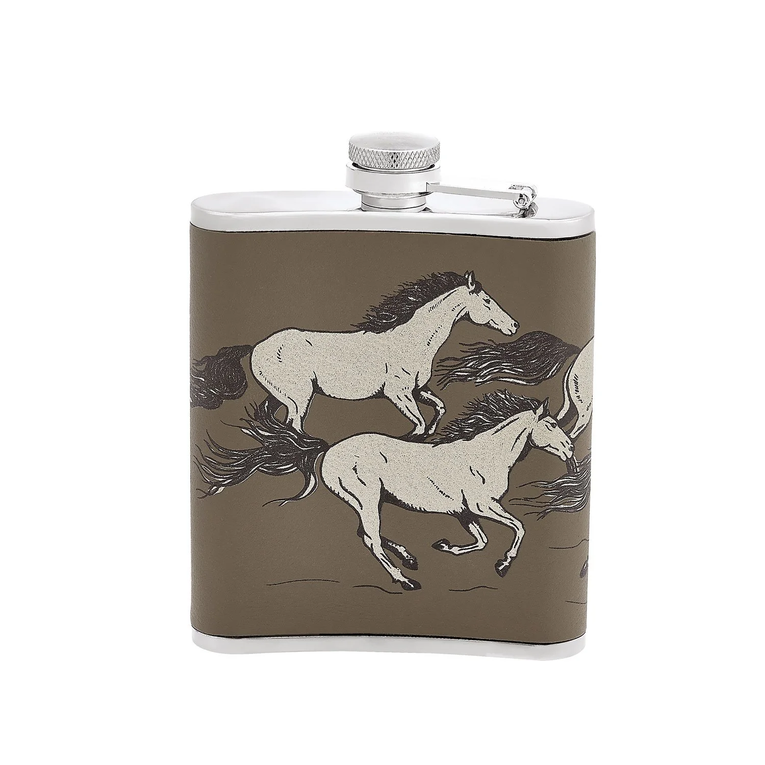 Running Horses Hip Flask Taupe Leather Gold barware equestrian chic