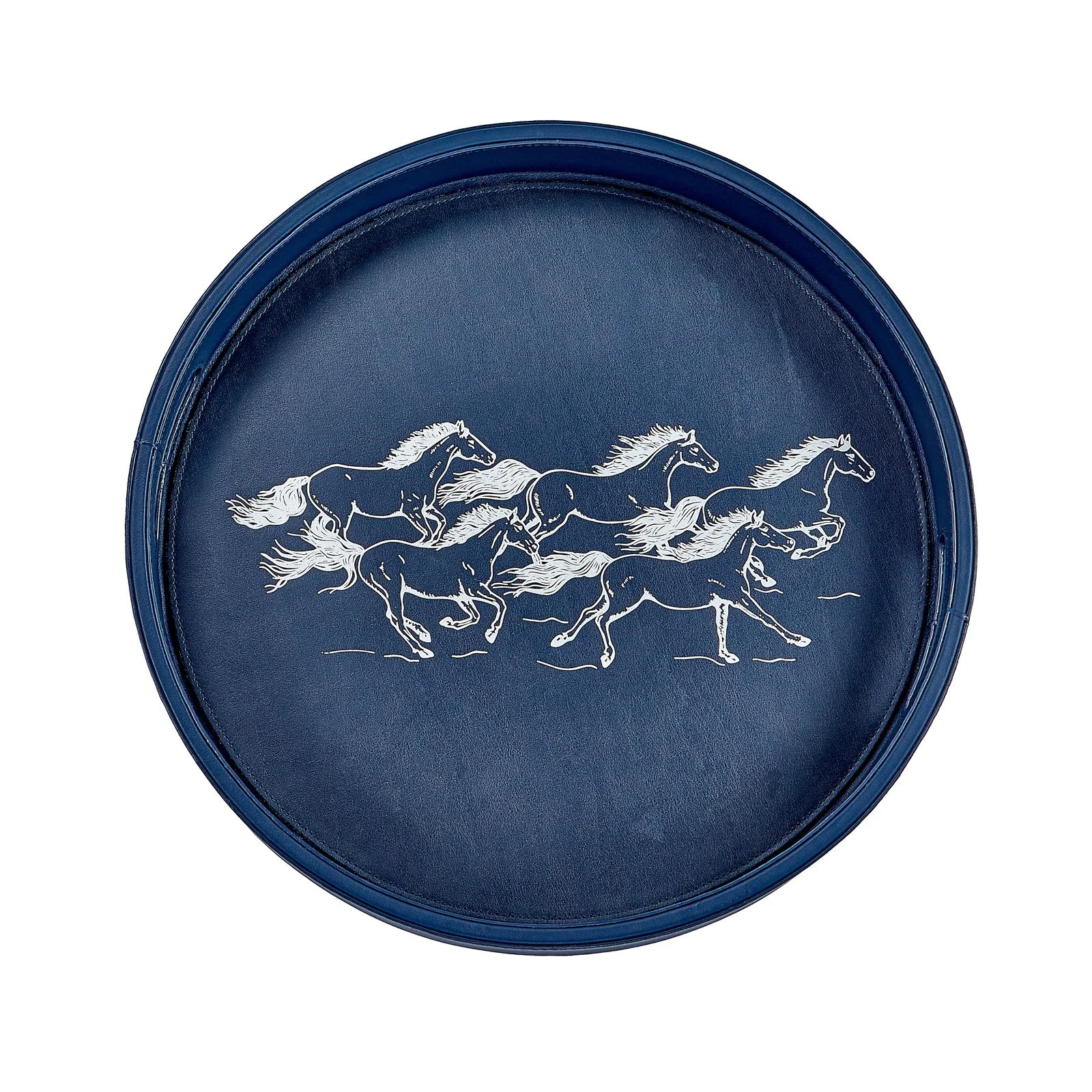 Running Horses Round Leather Bar Tray, Navy / Silver