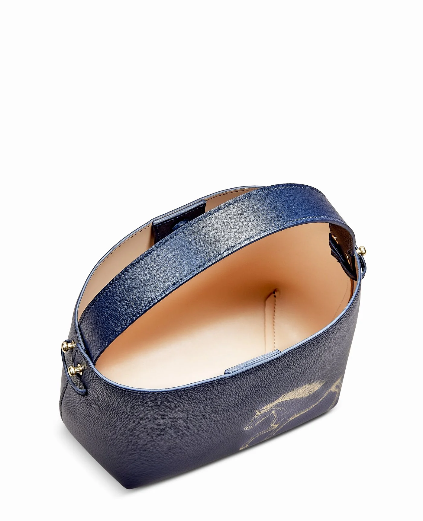 SELENA-navyblue-leatherbucketbag_equestrian gold horse cross body