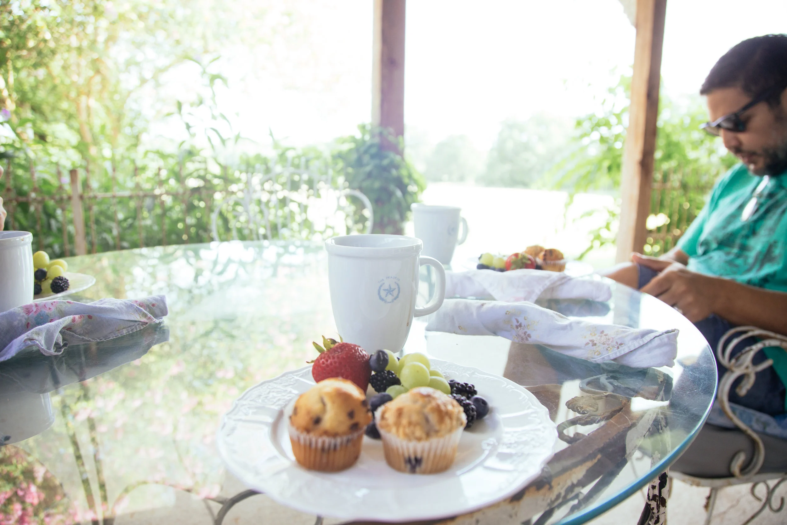 Breakfast and coffee on the porch. 