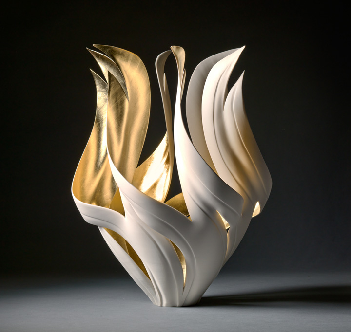 Jennifer McCurdy, "Gilded Fire Vessel," wheel-thrown, altered, and carved porcelain, 17x12x12 in, $6800
