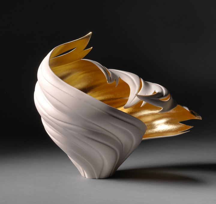Jennifer McCurdy, "Gilded Tsunami Vessel 1," wheel-thrown, altered, and carved porcelain, 12.5x10x13 in, SOLD
