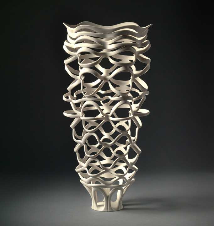 Jennifer McCurdy, "Radiatori Vessel 1," wheel-thrown, altered, and carved porcelain, 21x10x10 in, $3800