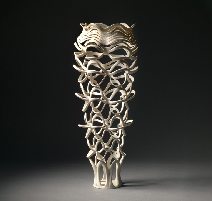 Jennifer McCurdy, "Radiatori Vessel 5" wheel-thrown, altered, and carved porcelain, 24x10x10 in, $3800