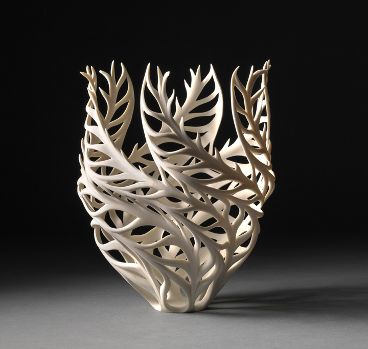 Jennifer McCurdy, "Climbing Coral Vessel" wheel-thrown, altered, and carved porcelain, 10x6x6 in, $1500
