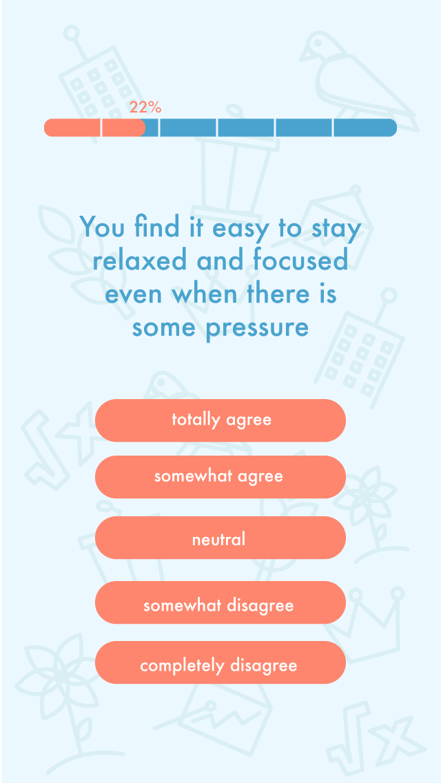 TAKING THE TEST // The MBTI personality test is one that is very intensive and can be intimidating. I broke up the process into 6 parts to make it feel less scary and arduous and included a progress bar for users to track themselves. I also chose to have questions show up one at a time so that users can focus on the question at hand rather than altogether to ensure accurate results and ease of use. Font choices, colors and size are intentionally bold and playful for ease. I wanted the experience of taking this test to be fun rather than “exam-like”.