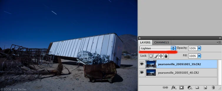 Lighten Blending Mode in Photoshop to Stack Star Trails -- by Joe Reifer