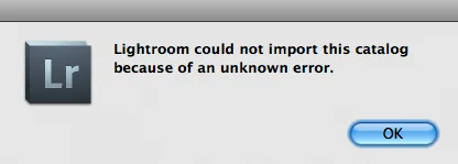 Lightroom could not import this catalog because of an unknown error