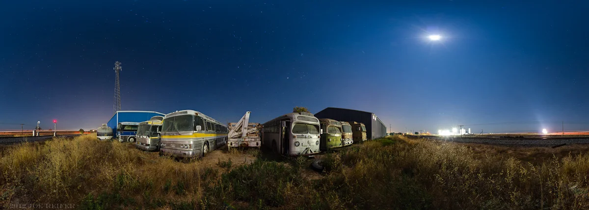 Night photography 360 panorama: Classic motorcoaches under the moonlight
