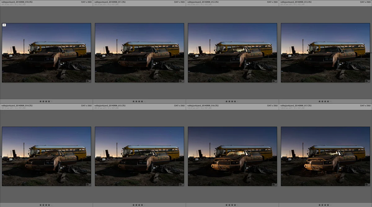 The 6 image star trail stack in Lightroom, plus 2 additional images for light painting.
