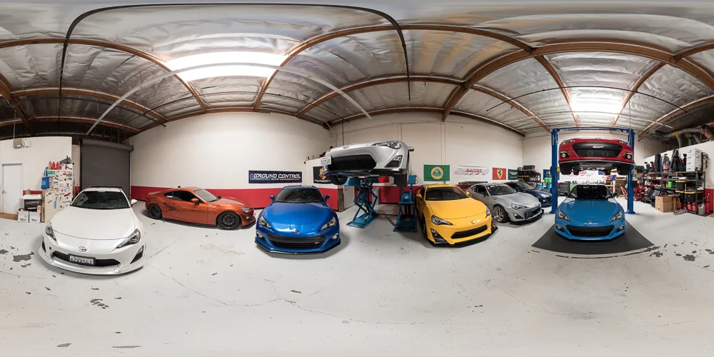 A 360 panorama of The Racers Line featuring almost all of the colors of the FR-S and BRZ.