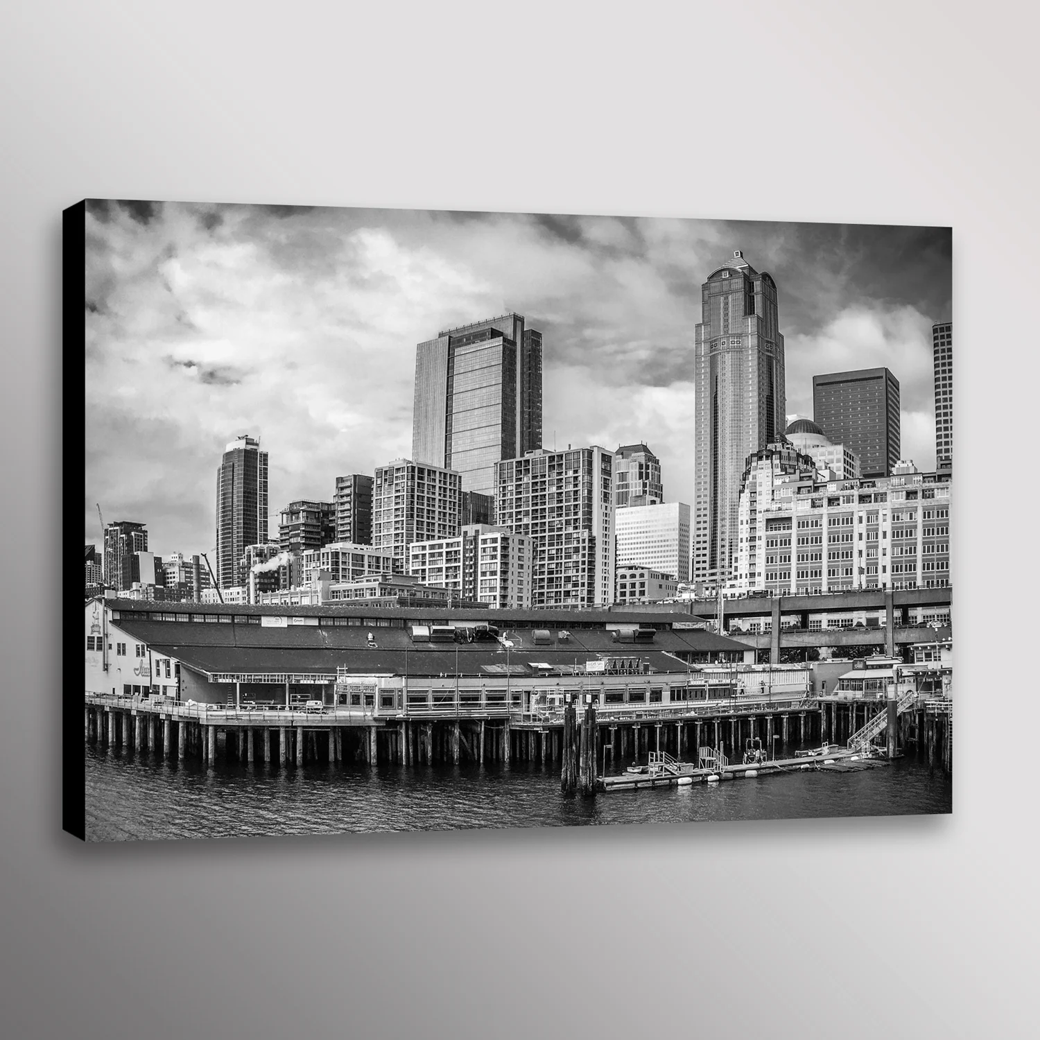 Seattle Water Front and Skyline Black and White Photo Wall Art