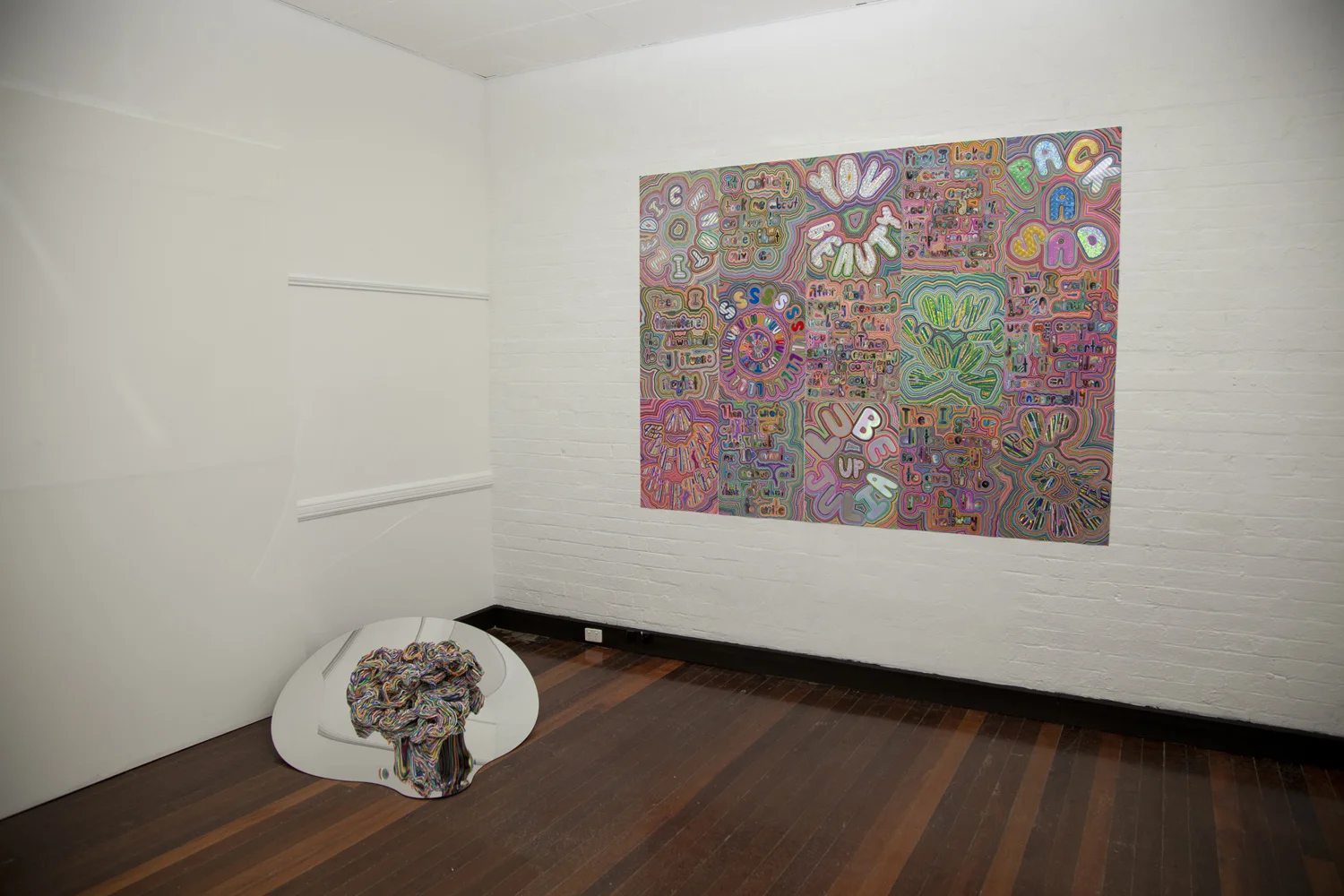 OMNOMNOMNOM and Sorry Dude (Installation view) (2013) Acrylic paint pen, photo and holographic film on paper, acrylic mirror, puff paint and goosebumps books, carious dimensions