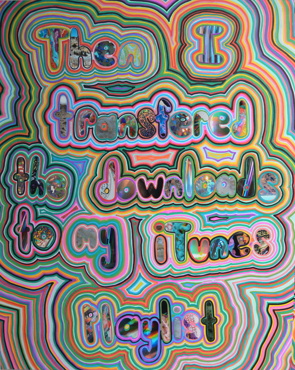 OMNOMNOMNOM (detail) (2013) Acrylic paint pen, photo and holographic film on paper, 2.5 x 3 m