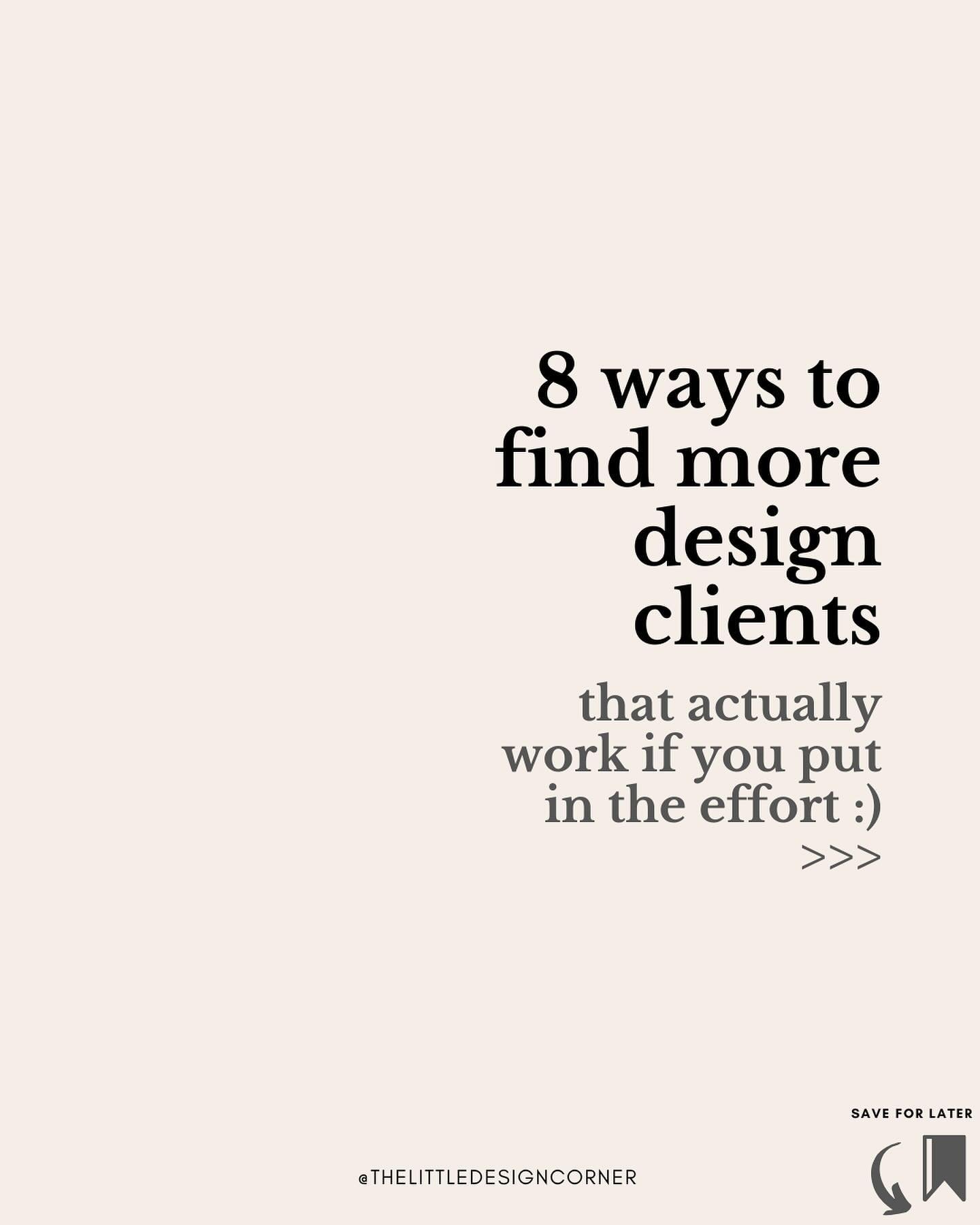 Looking for quick ways to find clients? ⬇️

Lots of designers in my community are, so you&rsquo;re not alone. 

I see them set up a business, post on Instagram a few times and then sit back and wait for clients to coming running to them. 🤷🏻&zwj;♀️
