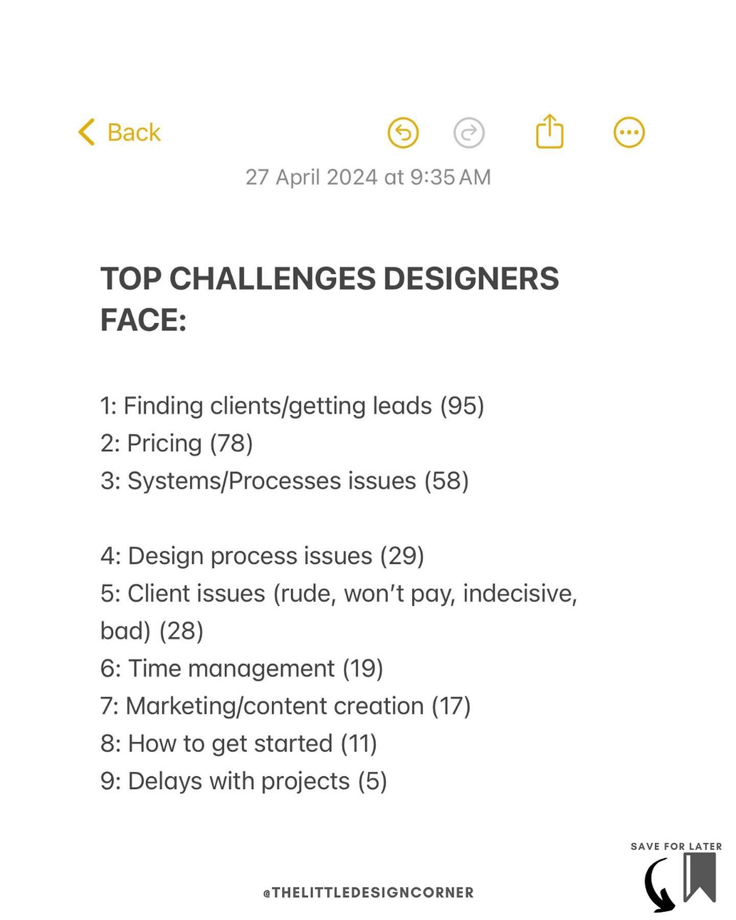 What are the top challenges designers face in their business? ⬇️

This is a question I asked in my stories a few days ago and I had hundreds of responses (thank you to those who participated!). 

I have now collated the responses for you and here are