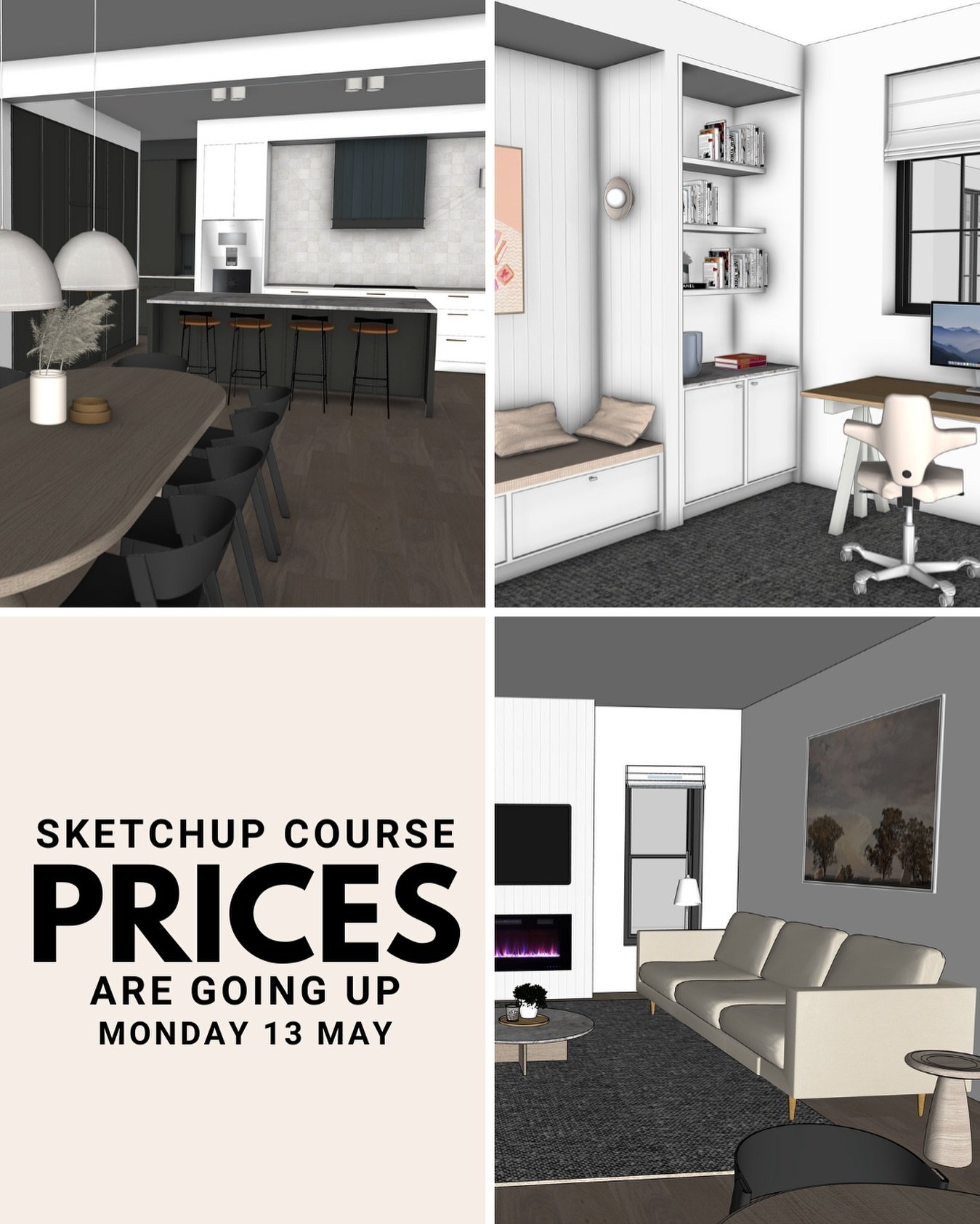 My SketchUp Course prices are going up on Monday 13 May. 

The courses have just been completely remade with the 2024 version of the software and are BRAND NEW 🥳

Here&rsquo;s why you&rsquo;ll love them ⬇️

✅ Brand new bonus trainings (including Ske