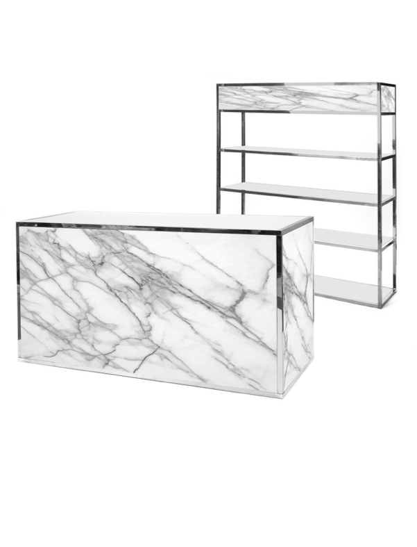 Shown with Carrara Marble graphic wrap and optional Linear Shelf