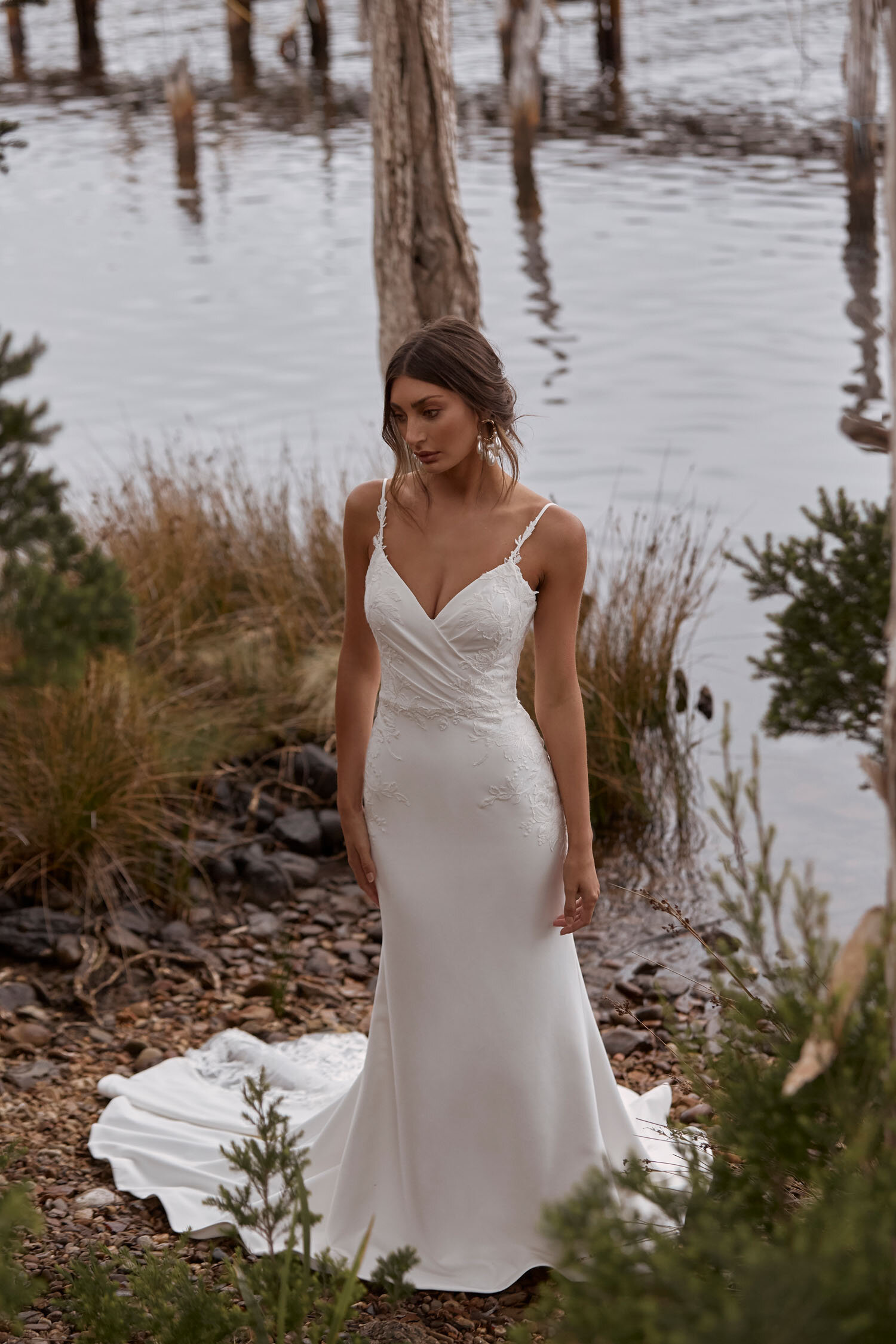 CONNOR ML20025 FULL LENGTH CREPE GOWN WITH V NECKLINE THIN STRAPS LACE APPLIQUES SCOOP BACK ZIPPER CLOSURE WEDDING DRESS MADI LANE BRIDAL 1.jpg