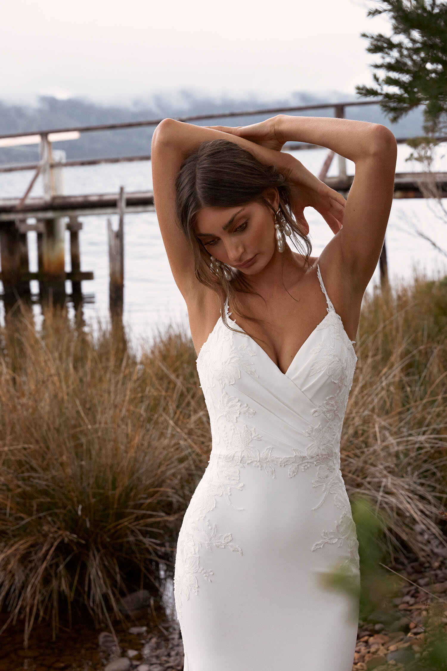 CONNOR ML20025 FULL LENGTH CREPE GOWN WITH V NECKLINE THIN STRAPS LACE APPLIQUES SCOOP BACK ZIPPER CLOSURE WEDDING DRESS MADI LANE BRIDAL 5.jpg