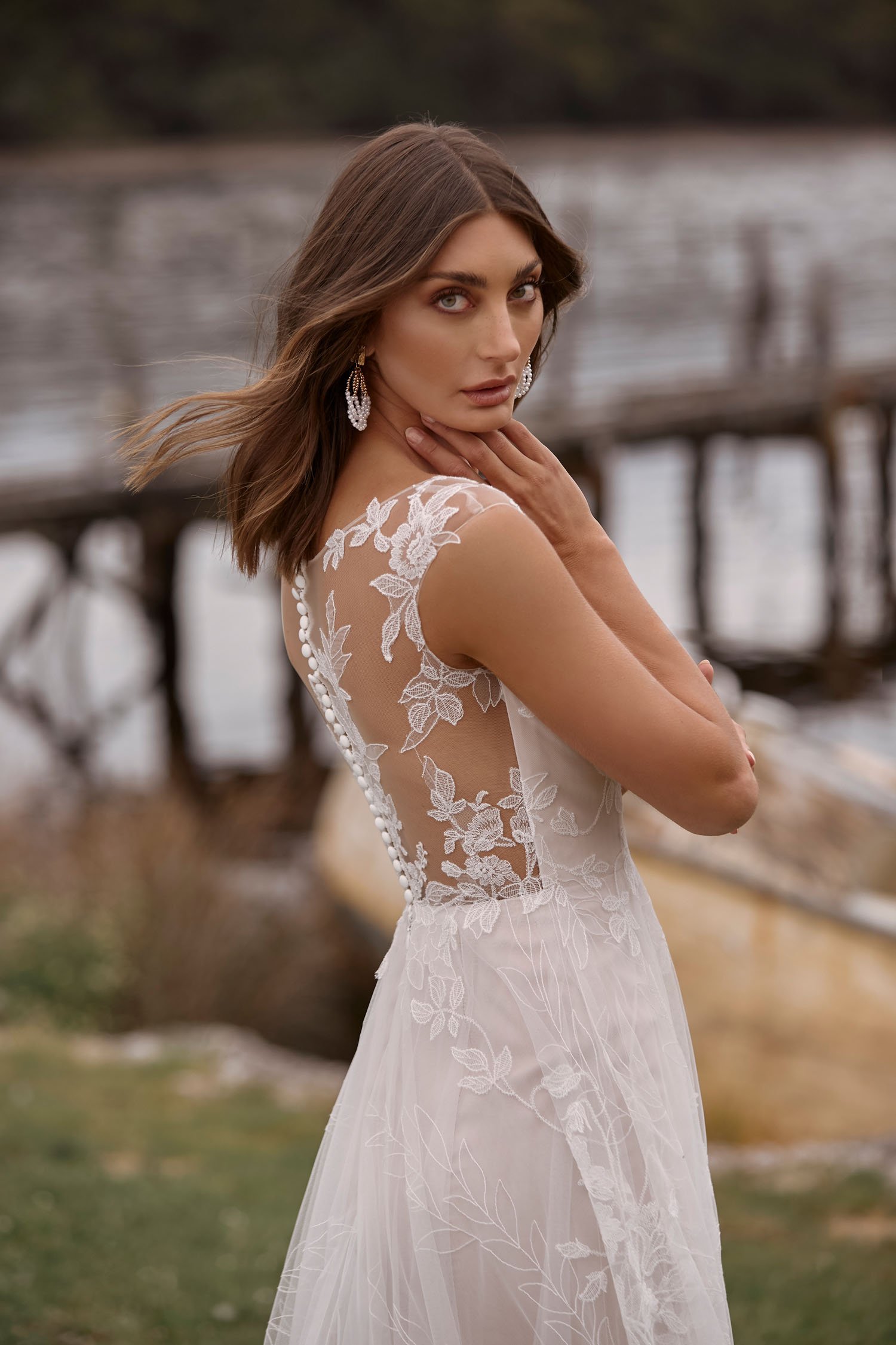 CAMILLE ML20022 FULL LENGTH A LINE FLORAL LACE GOWN WITH WIDE ILLUSION STRAPS AND HIGH ILLUSION BACK WITH BUTTONS ZIPPER SKIRT WEDDING DRESS MADI LANE BRIDAL 4.jpg