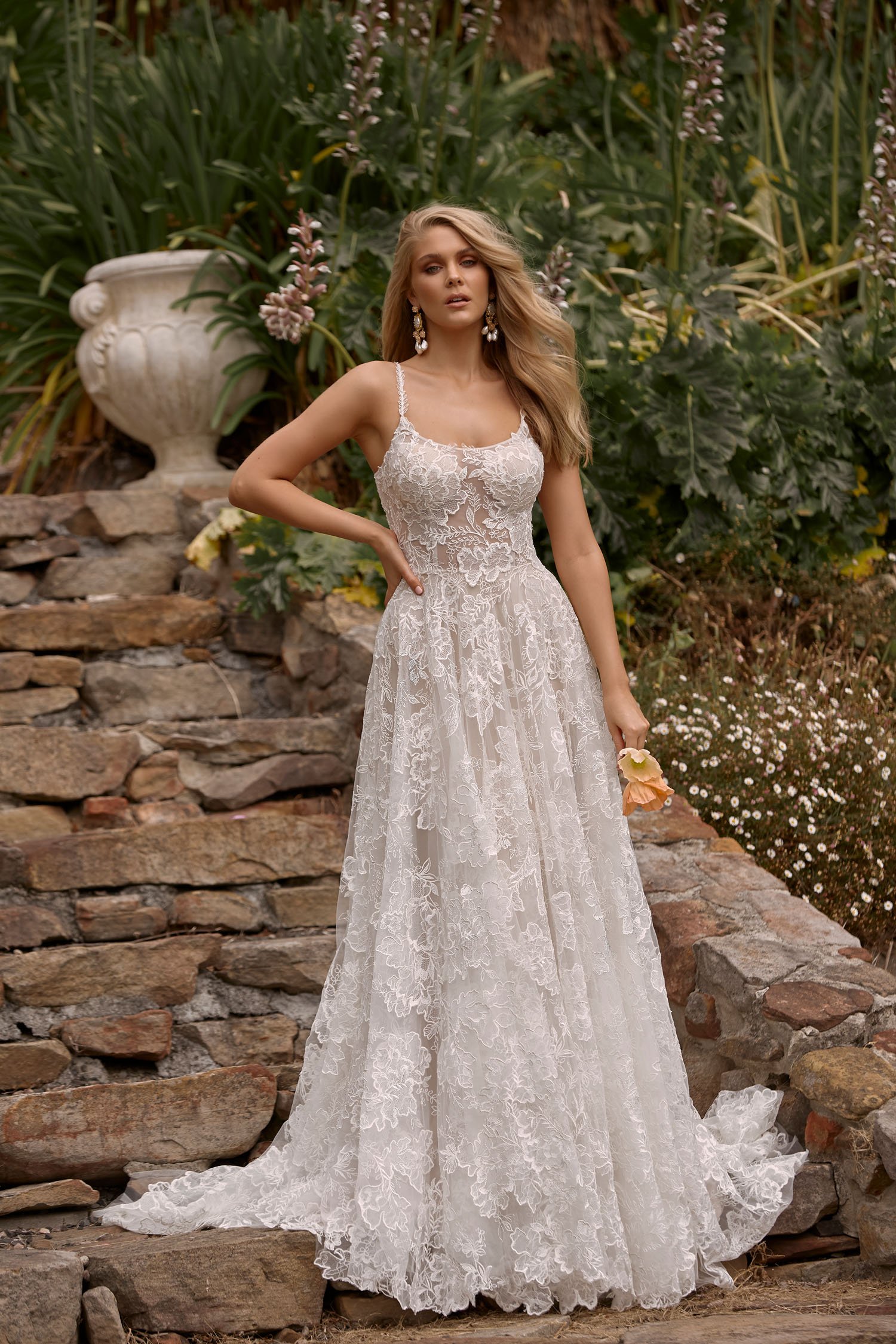 CLEO ML20026 FULL LENGTH A LINE FLORAL LACE GOWN SCOOP NECKLINE THIN STRAPS SCOOP BACK ZIPPER AND BUTTON CLOSURE WEDDING DRESS MADI LANE BRIDAL 1.jpg