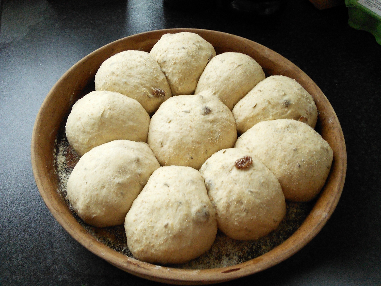  Cumin and sultana rolls sitting in 'La Cloche' ready to bake 