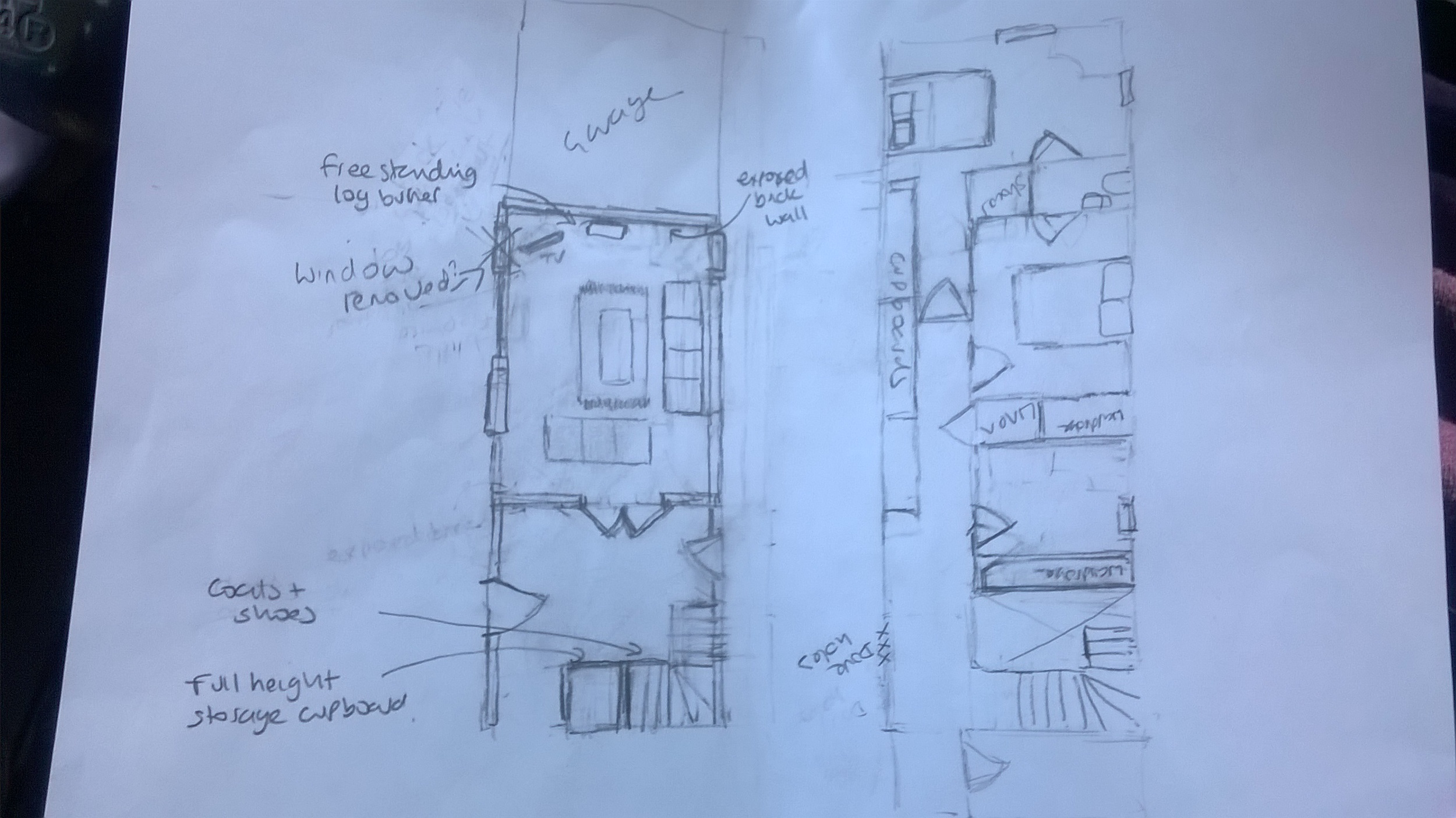 My rough sketch of changes for the architect- not a measurement in sight. I think he despairs!