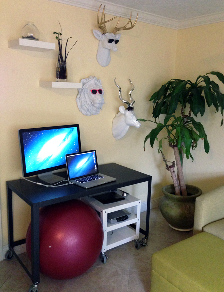 The "Office" Thanks to modern technology, you don't need a ton of square footage to create a workspace. The rolling desk and cart from CB2 make this setup modular and the workout ball doubles as a bouncy yet comfy seat. (Or sometimes I just pull up the ottoman and sit on that.) The desk is big enough to accommodate my laptop, monitor and my tablet and other less frequently used items like the scanner get stored on the cart underneath. Then there's my quirky, vegan safari collection on the wall. (Counter-clockwise from top: Office Antlers, Hudson the Hipster Lion and Kudisha the Kudu.) 