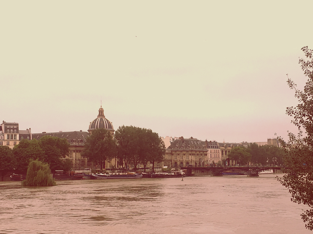 The river Seine was too high for the boats to pass under the bridges.