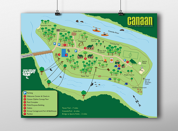  Map of the Camp Canaan island and its amenities.  