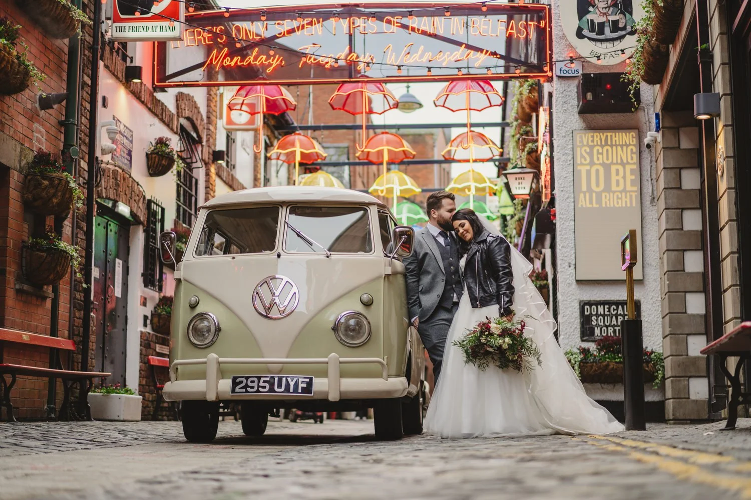  Aimee and Stephen’s humanist wedding at Titanic Hotel, Belfast with photos taken in Belfast Cathedral Quarter with avintage camper and VW beetle. 