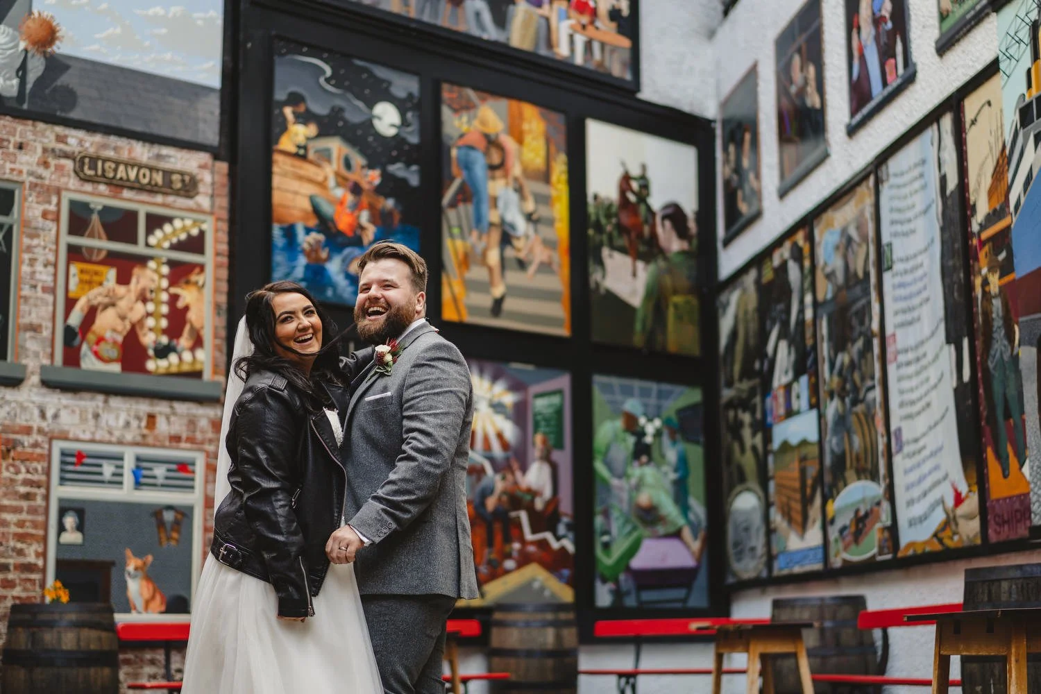  Aimee and Stephen’s humanist wedding at Titanic Hotel, Belfast with photos taken in Belfast Cathedral Quarter with avintage camper and VW beetle. 