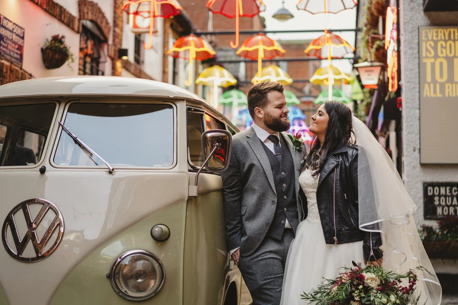  Aimee and Stephen’s humanist wedding at Titanic Hotel, Belfast with photos taken in Belfast Cathedral Quarter with avintage camper and VW beetle. 