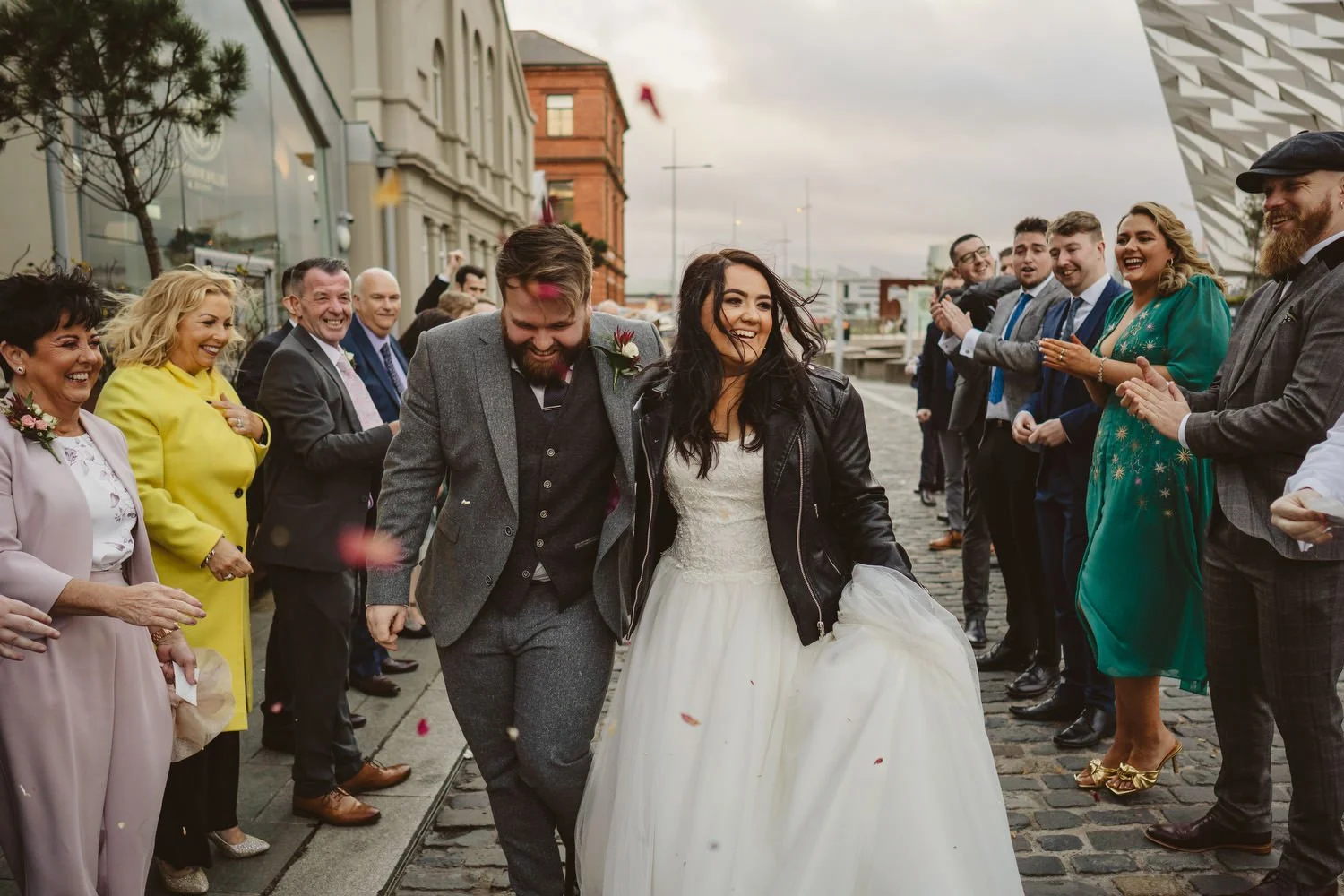  Aimee and Stephen’s humanist wedding at Titanic Hotel, Belfast with photos taken in Belfast Cathedral Quarter with avintage camper and VW beetle. 