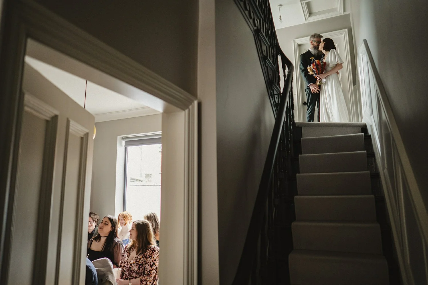  Kathryn and ChrisÕs wedding was supposed to be in Babel rooftop but it burned down 4 days before they were due to get married.  Instead they had their humanist wedding in their own house followed by photos in nearby Ormeau Park and Belfast Cathedral