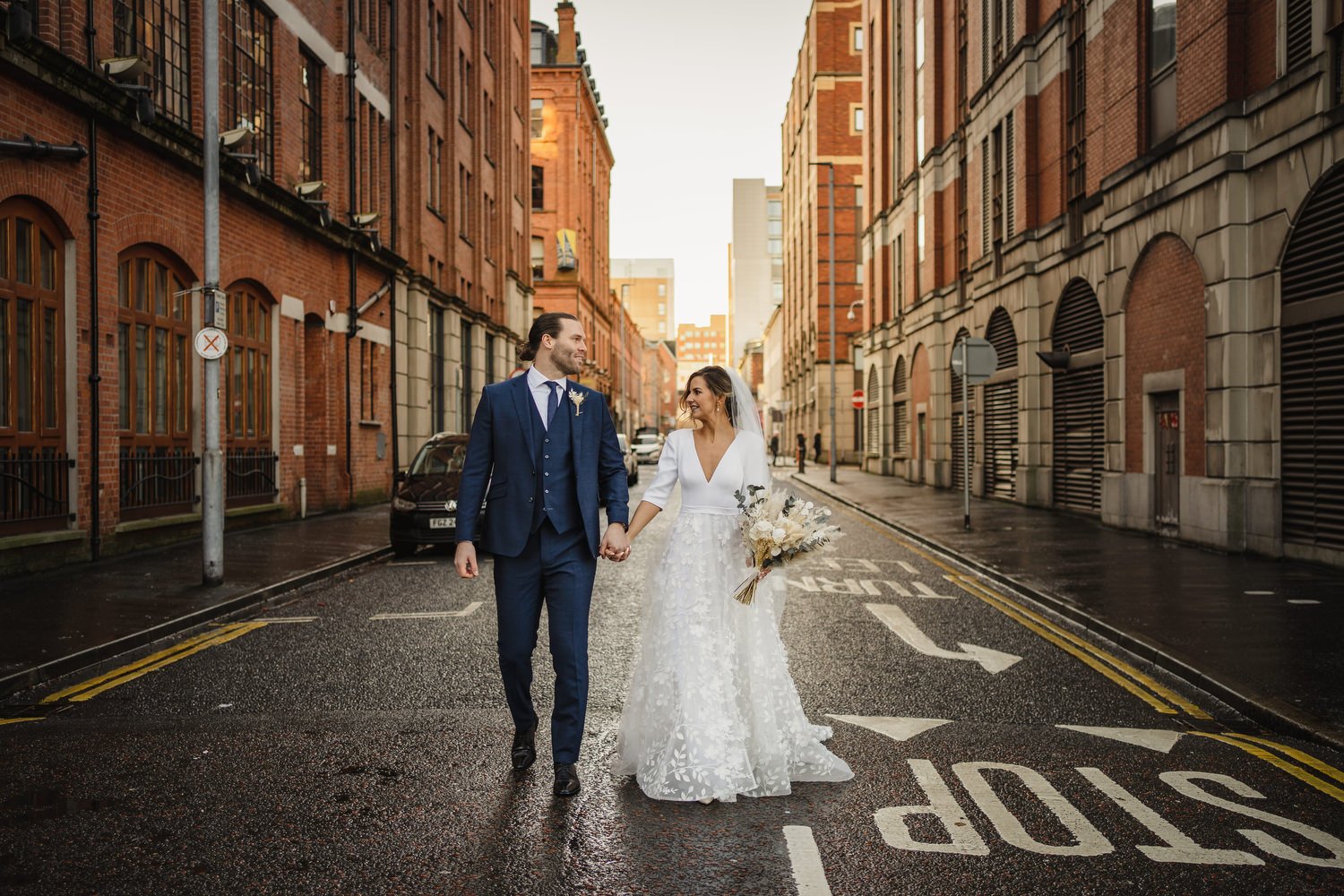  Laura and Matthews wedding in the Muddler’s Club restaurant in Belfast’s Cathedral Quarter. The couple got ready in the Hilton hotel before heading to St.Malachy’s church for their ceremony. Afterwards, we took photos around Cathedral Quarter before