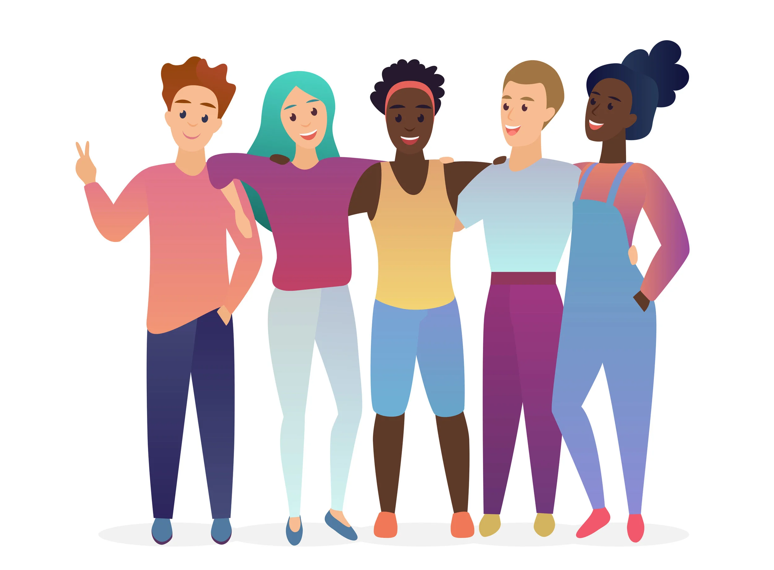 Group of young five happy posing, hugging and talking friends. People together. Friendship. Trendy gradient color vector illustration.