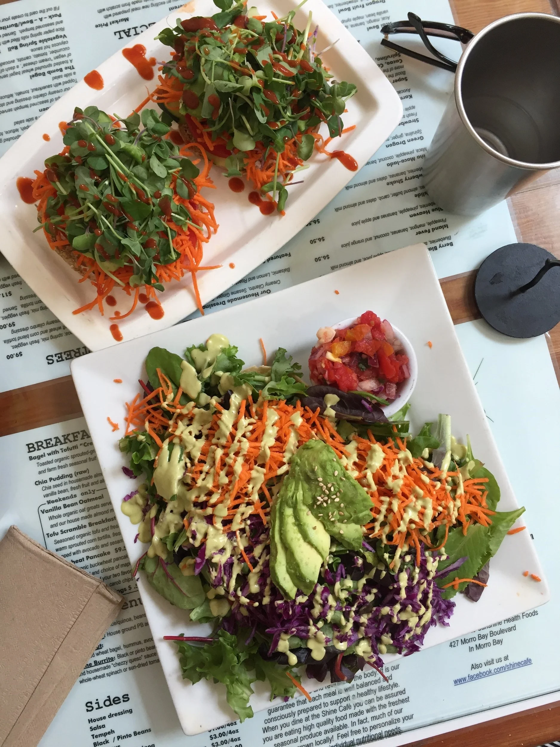 lunch with dad @ Shine Cafe - best vegan place near me! a sprouted grain bagel with tofu cream cheeze + veg for dad & a taco with tempeh, quinoa, greens & avo for me (its buried, but I was cool with it). 