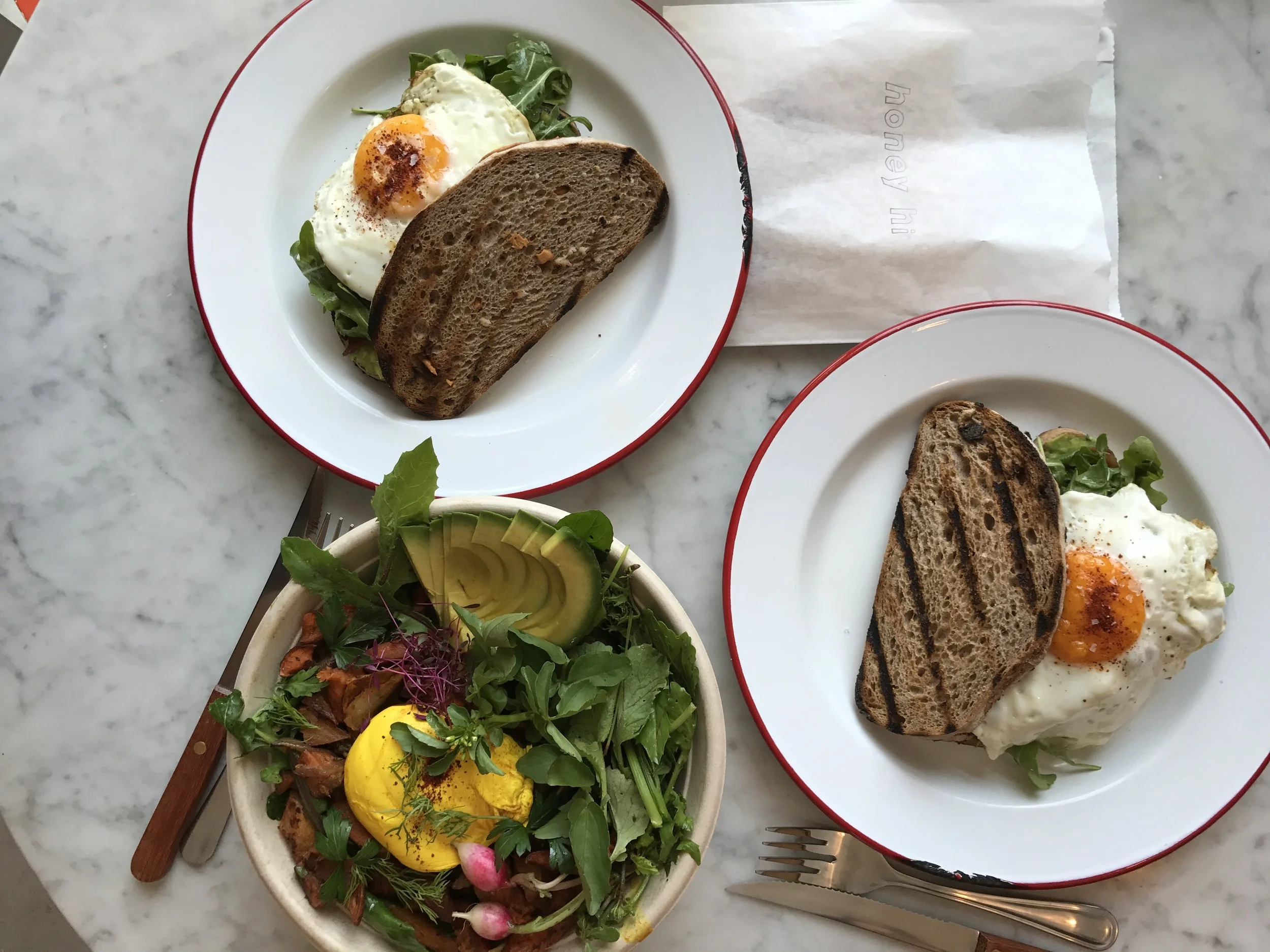 two egg sammies + one egg & veggie bowl from Honey Hi .