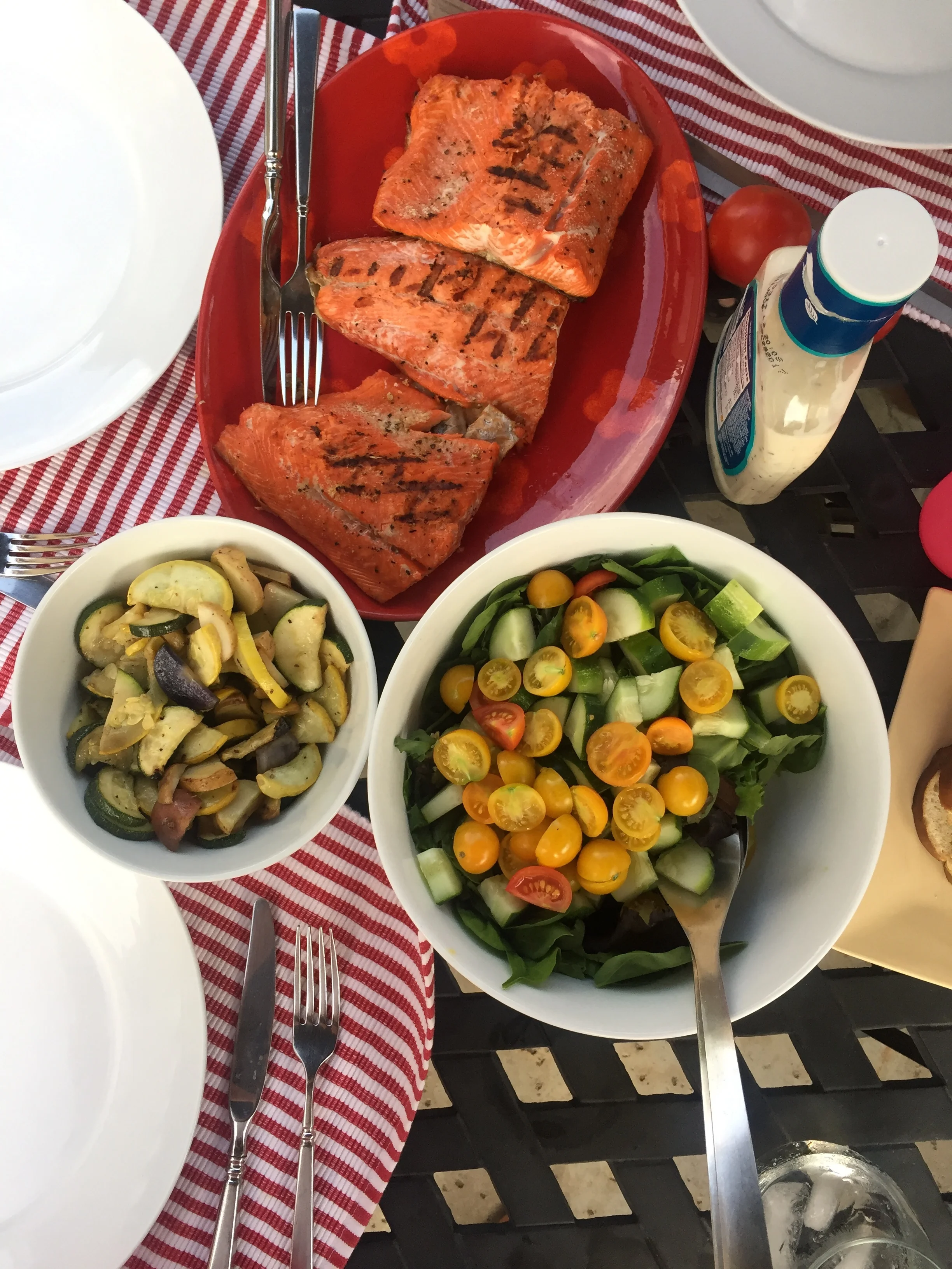 grilled salmon (long-time love of my life) + fresh salad + grilled veggies + bread & wine on the side. 