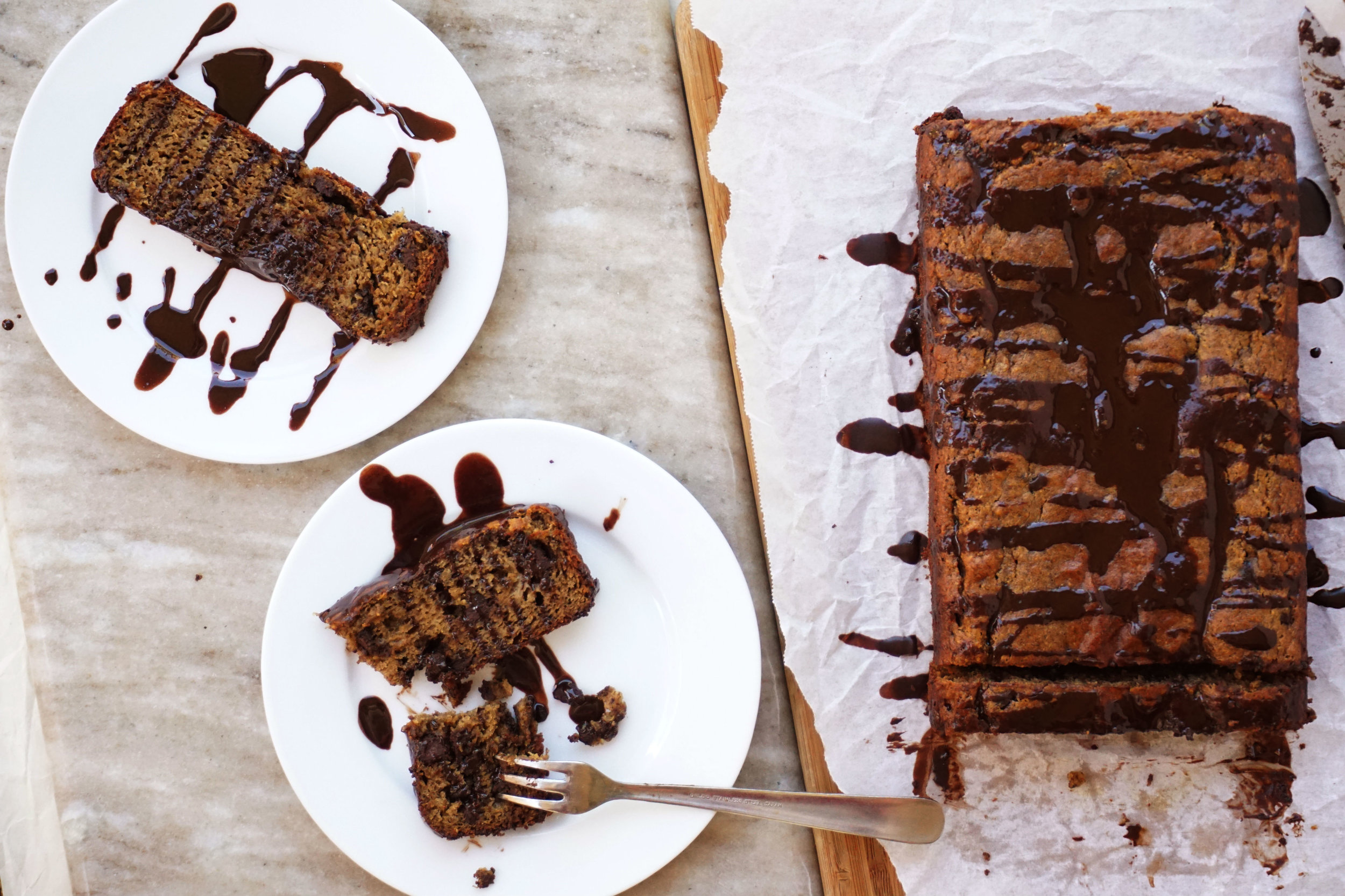 Chocolate Chip Banana Bread Breakfast Cake w/ Coconut Cacao Drizzle (GF, Paleo)