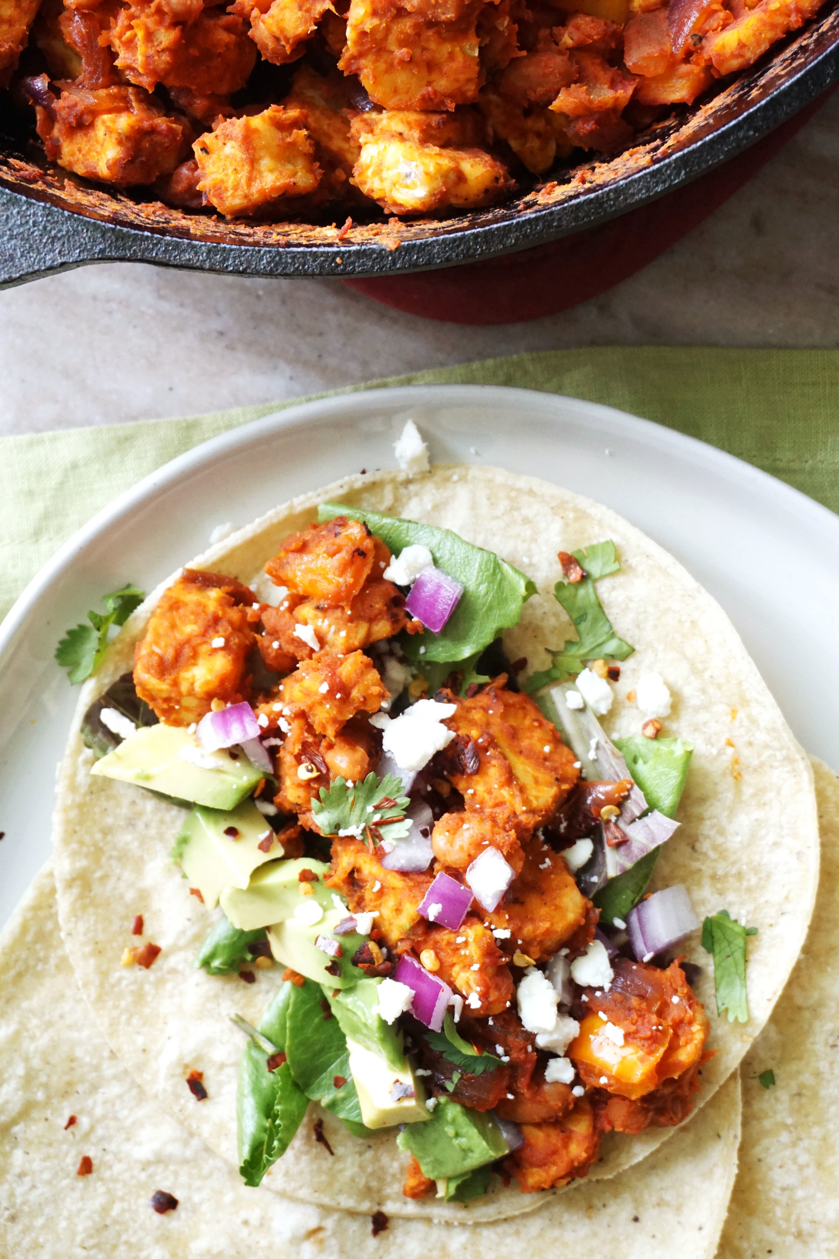 Tempeh Pinto Bean Skillet Tacos (GF, Vegan option)