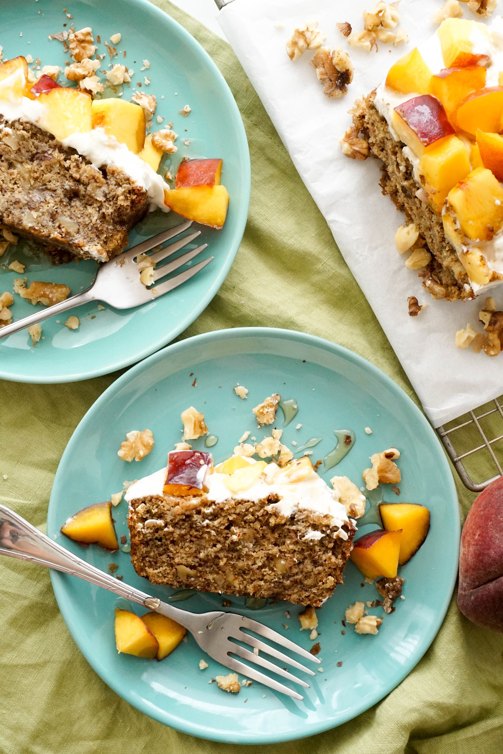 Brown Butter Banana Nut Bread with Peaches & Cream Cheese Frosting (GF)